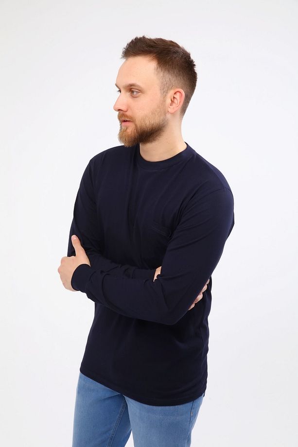 Bisiklet Yaka Lacivert Uzun Kollu Sweatshirt Süprem 0 Yaka Cepli Iş Tişörtü - 3