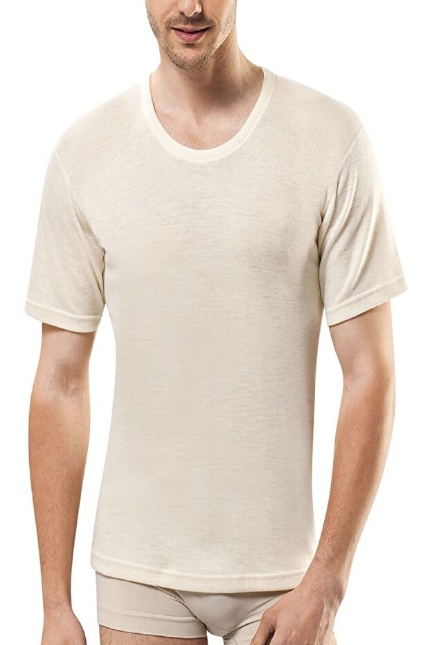 Pure Wool Underwear Men's Cream Color Short Sleeve Underwear