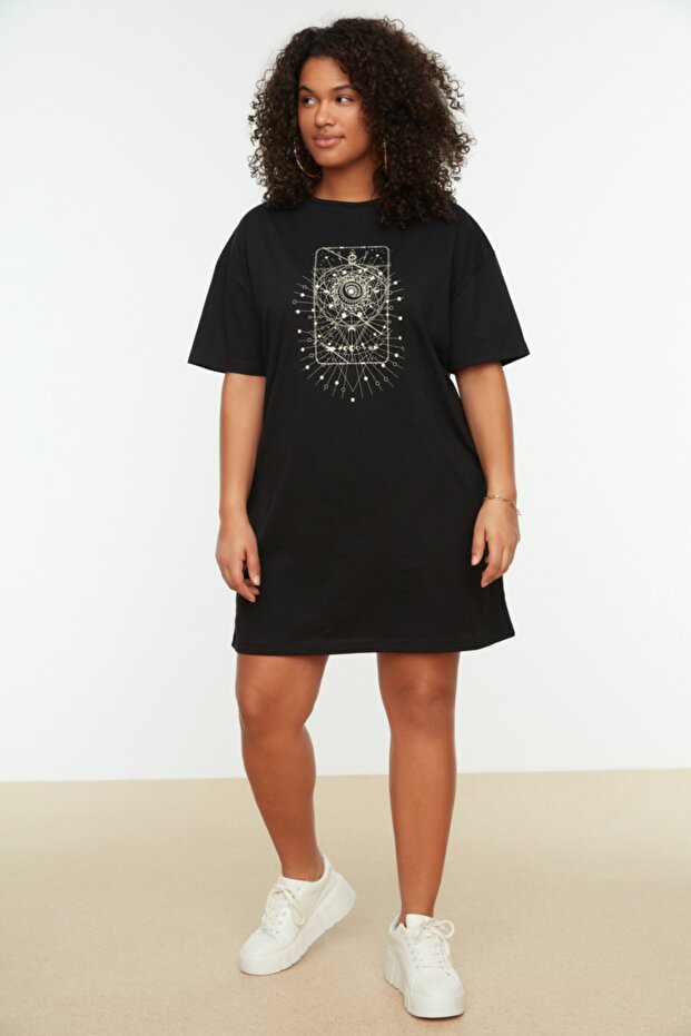 Siyah Geometrik Baskılı %100 Pamuk Örme Büyük Beden T-Shirt Elbise TBBSS22EL2269 - 2