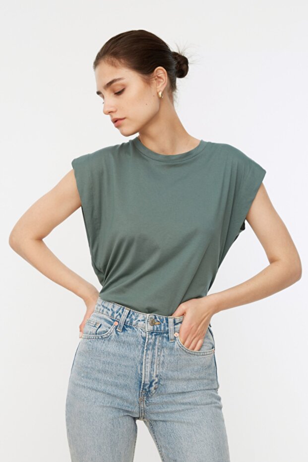 Yeşil %100 Pamuk Vatka Görünümlü Basic Bisiklet Yaka Örme T-Shirt TWOSS20TS0021 - 2