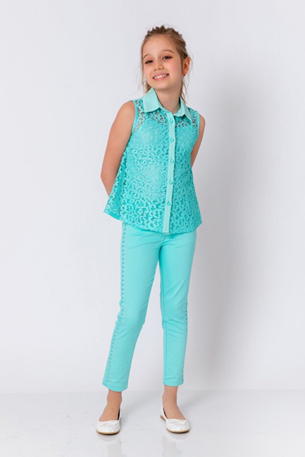 Devojčice, mint zelene pantalone - 2