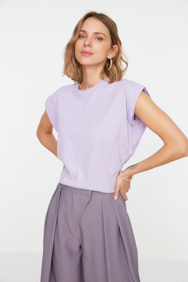 Lila %100 Pamuk Vatka Görünümlü Basic Bisiklet Yaka Örme T-Shirt TWOSS20TS0021 - 3
