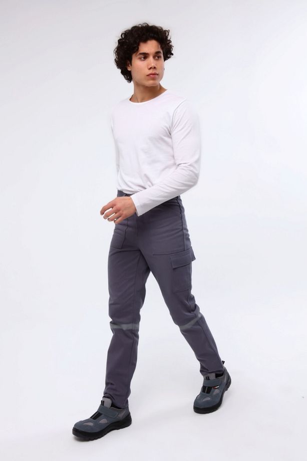 7/7 Gabardin Kışlık Gri Işçi Pantolonu Kalın Reflektörlü Iş Pantolonu - 1