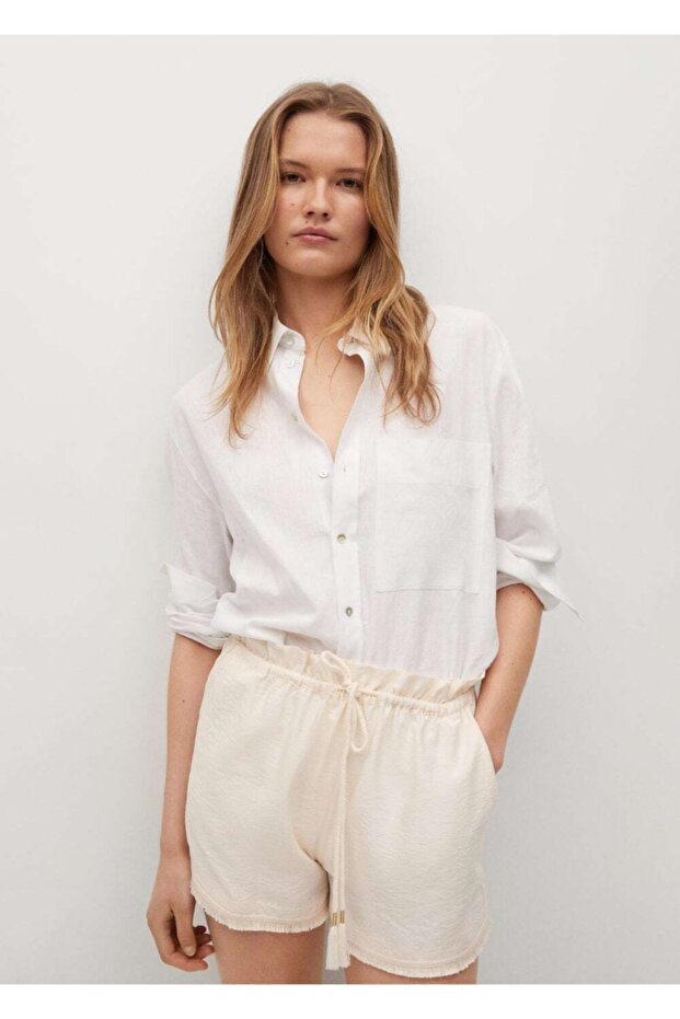 Kadın Ekrü Ayarlanabilir Bağcıklı Şort - 1