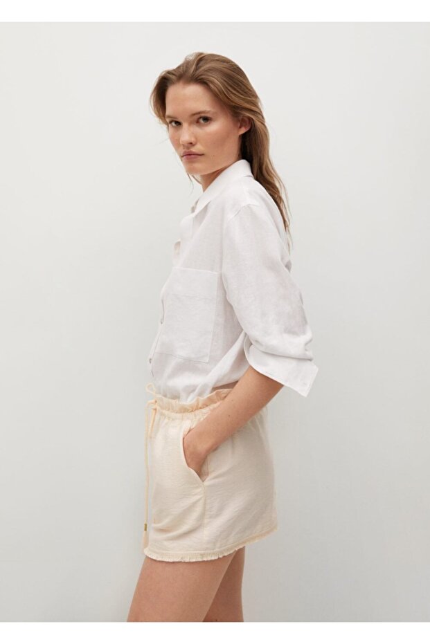 Kadın Ekrü Ayarlanabilir Bağcıklı Şort - 5