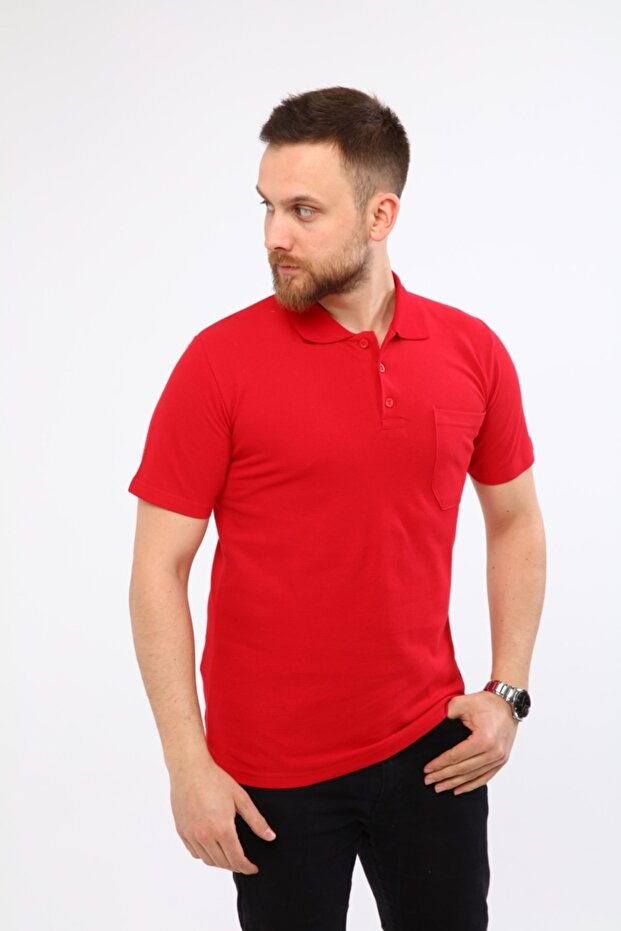 Polo Collar T-Shirt Red Short Sleeve Pique Knitted Work T-Shirt with Pockets