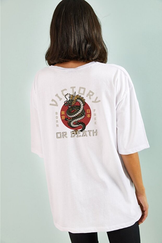 Unisex White T-shirt with Cotton Victory Dragon Design