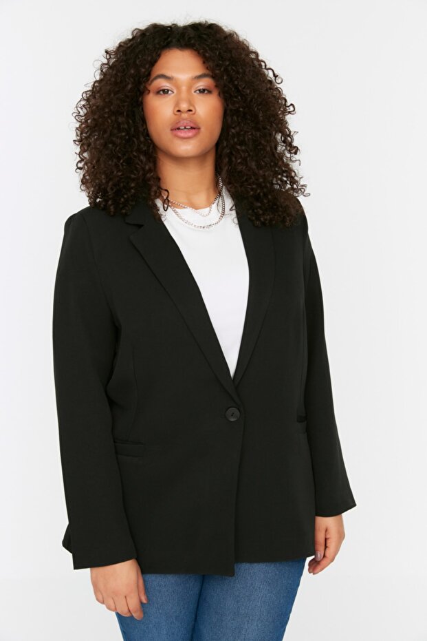 Siyah Leopar Astar Detaylı Blazer Dokuma Ceket TBBSS22CE0195 - 2