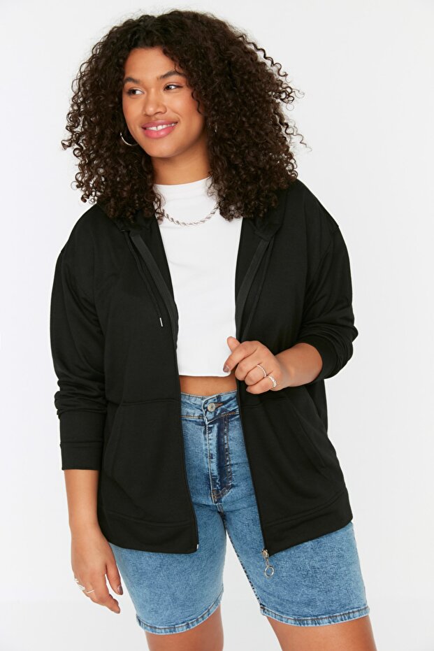 Siyah Kapüşonlu Fermuarlı İnce Örme Sweatshirt TBBSS22SW0169 - 1
