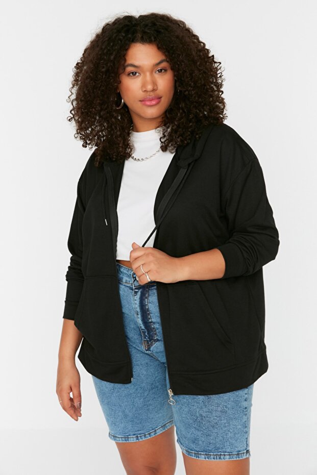 Siyah Kapüşonlu Fermuarlı İnce Örme Sweatshirt TBBSS22SW0169 - 2