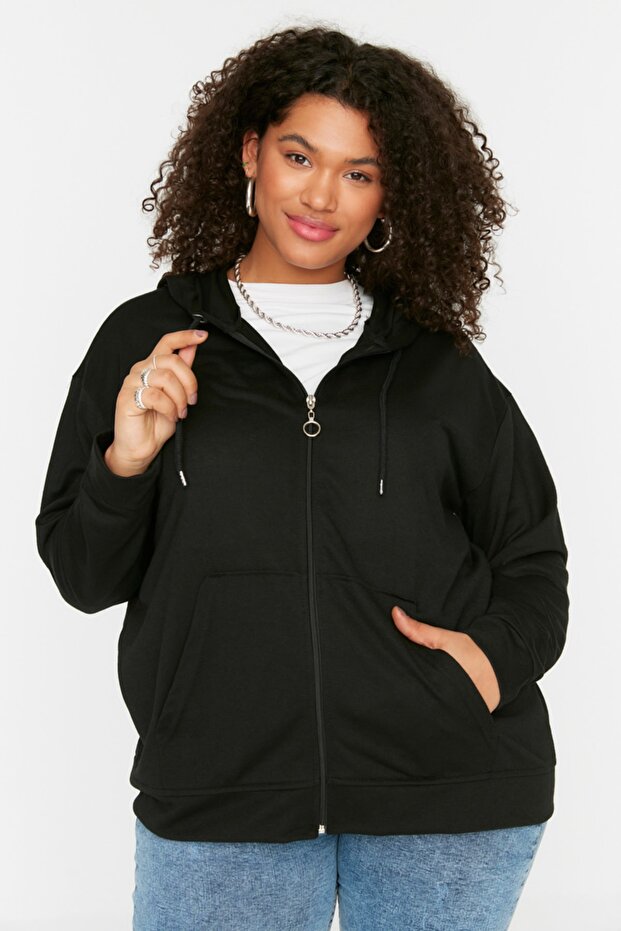 Siyah Kapüşonlu Fermuarlı İnce Örme Sweatshirt TBBSS22SW0169 - 3