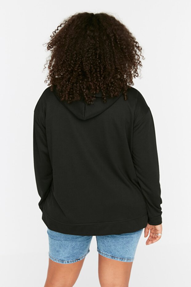 Siyah Kapüşonlu Fermuarlı İnce Örme Sweatshirt TBBSS22SW0169 - 5