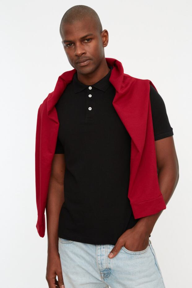 Siyah Slim/Dar Kesim Polo Yaka Kısa Kollu %100 Pamuk Polo Yaka T-shirt TMNSS20PO0009 - 3