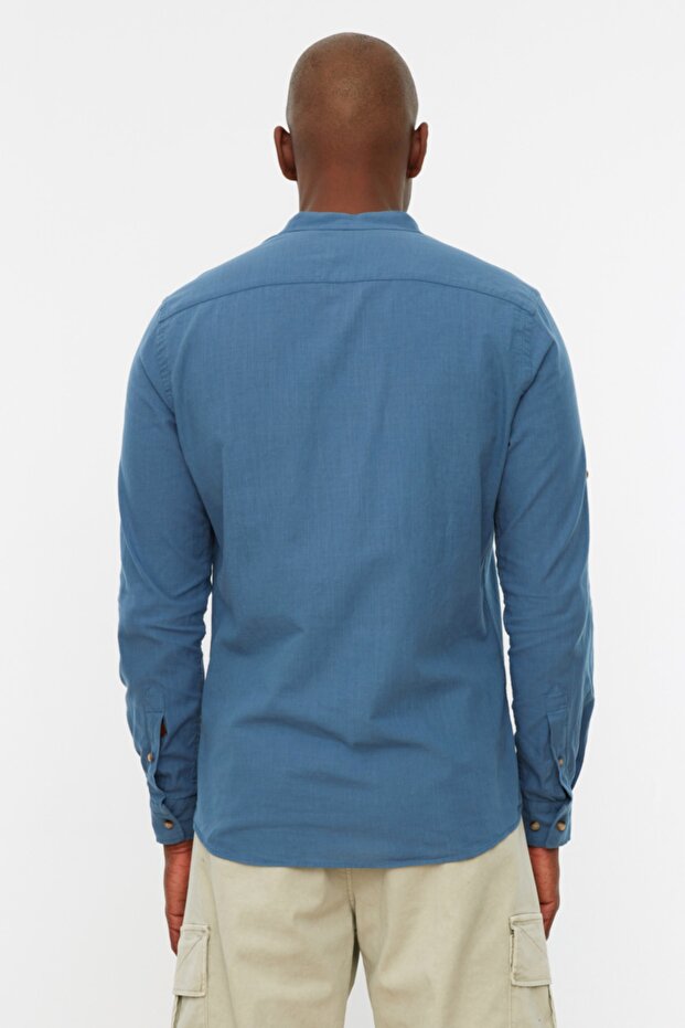 Indigo Basic Hakim Yaka Apoletli Slim Fit Uzun Kollu Keten Görünümlü Gömlek TMNSS20GO0188 - 5