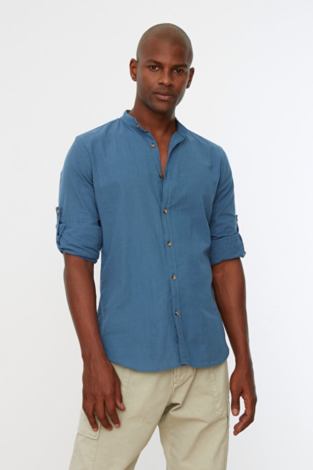 Indigo Basic Hakim Yaka Apoletli Slim Fit Uzun Kollu Keten Görünümlü Gömlek TMNSS20GO0188 - 1
