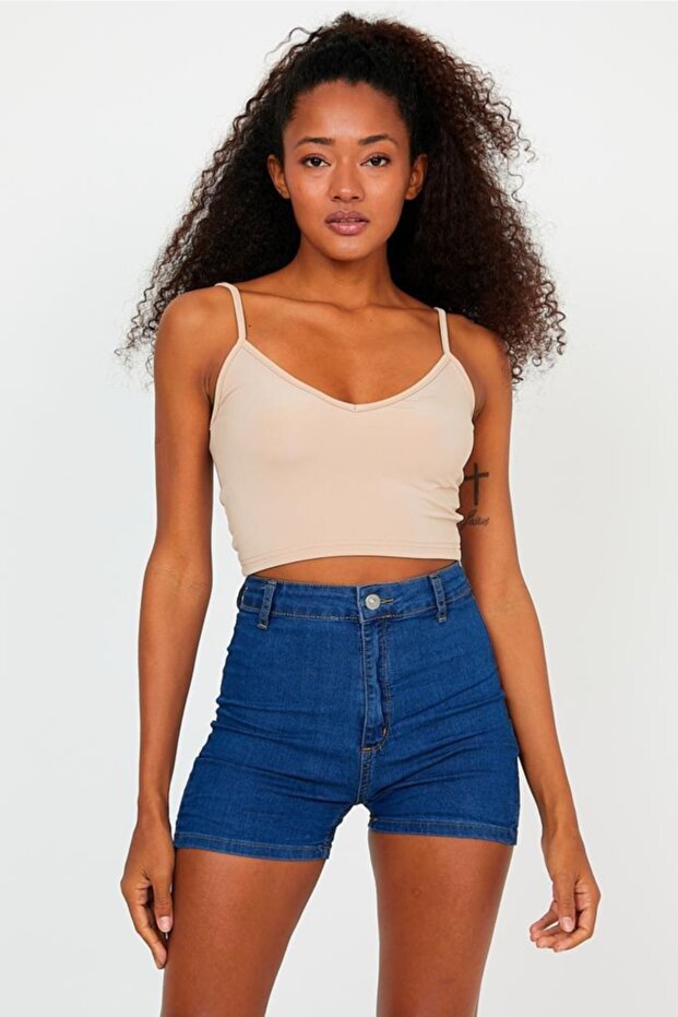 Women's Skin Color Scuba Fabric Front Back V-Neck Rope Strap Crop Top