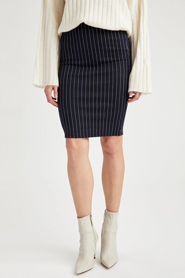 Regular Fit Çizgili Normal Bel Mini Etek - 2