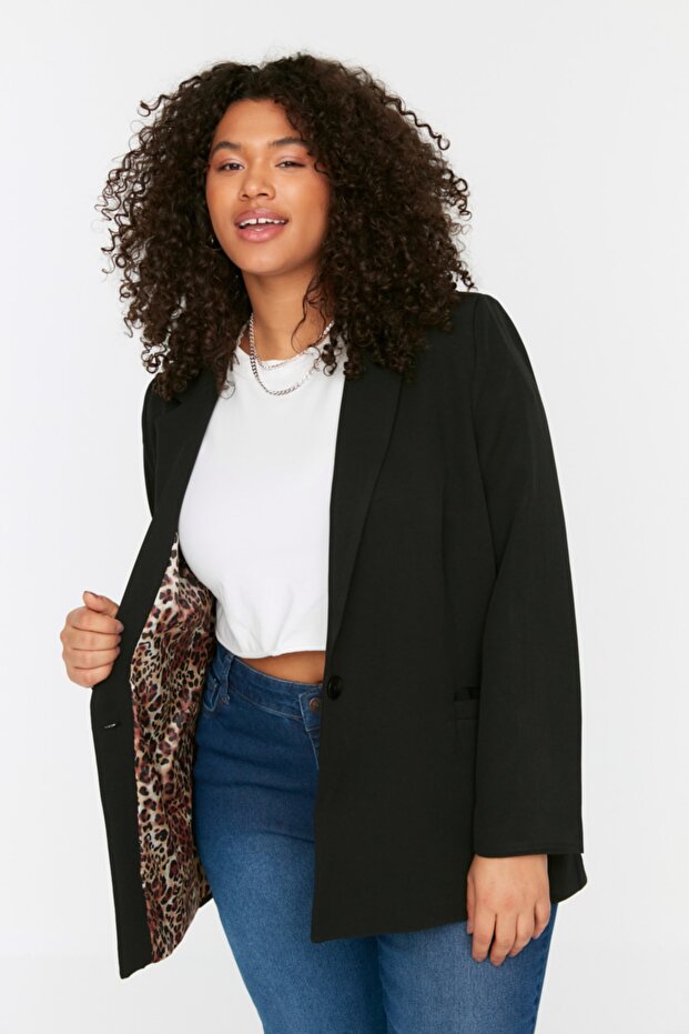Siyah Leopar Astar Detaylı Blazer Dokuma Ceket TBBSS22CE0195 - 1