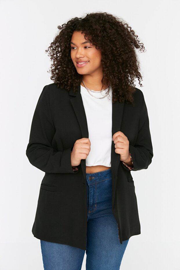 Siyah Leopar Astar Detaylı Blazer Dokuma Ceket TBBSS22CE0195 - 4