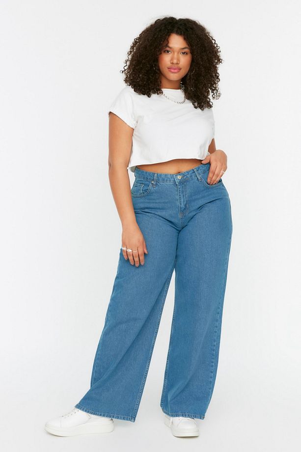 Açık Mavi Yüksek Bel Geniş Paça Büyük Beden Wide Leg Jeans TBBSS22JE0211 - 1