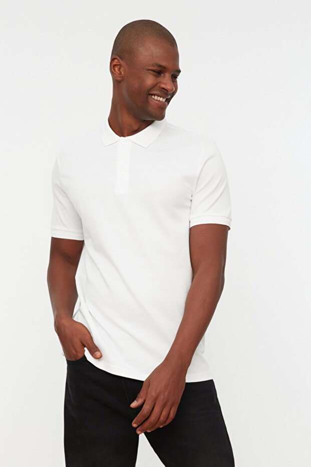 Beyaz Slim/Dar Kesim Yakası Çizgili Basic %100 Pamuk Polo Yaka T-shirt TMNSS20PO0009 - 2
