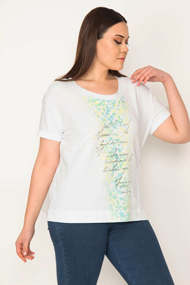 Women's Large Size White Cotton Fabric Front Lame Print Detailed Blouse 65n23843