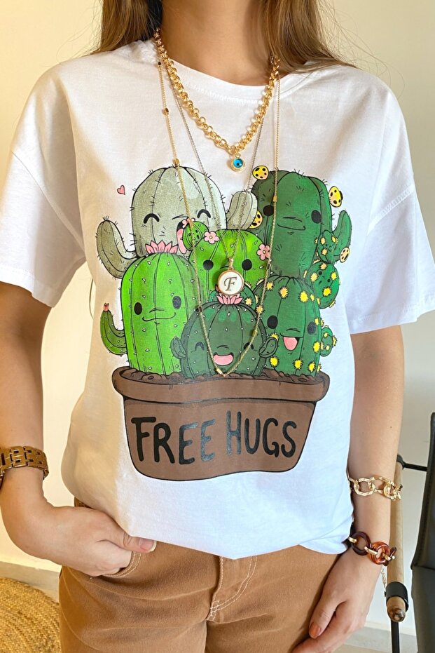 Women's White Cactus Printed Crew Neck T-shirt