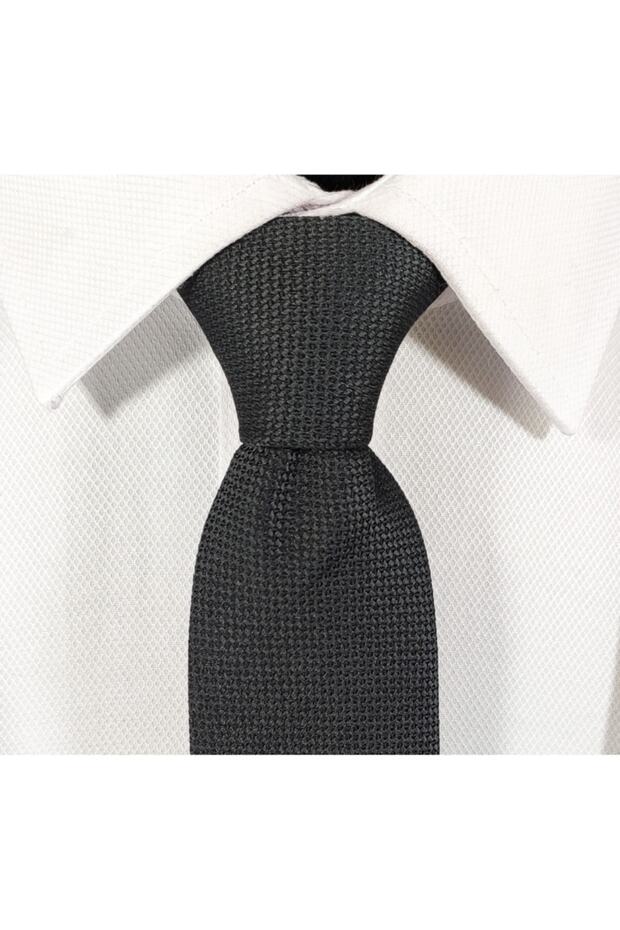 Antrasit Gri Renk Armürlü Kravat Mendil Seti - 4