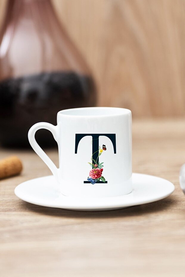White Letter T Floral Design Turkish Coffee Cup