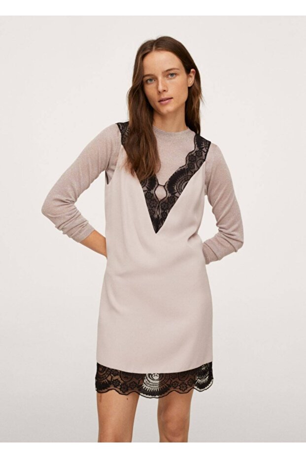 Kadın Açık/Pastel Mor Dantelli Kamisol Elbise - 1