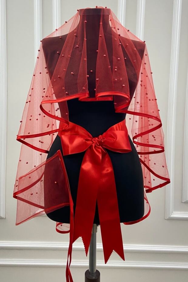 Red Piping Bridal Veil Set with Lots of Pearls