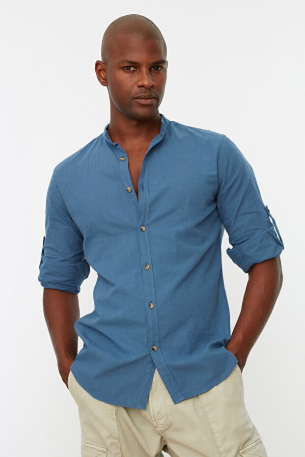Indigo Basic Hakim Yaka Apoletli Slim Fit Uzun Kollu Keten Görünümlü Gömlek TMNSS20GO0188 - 2