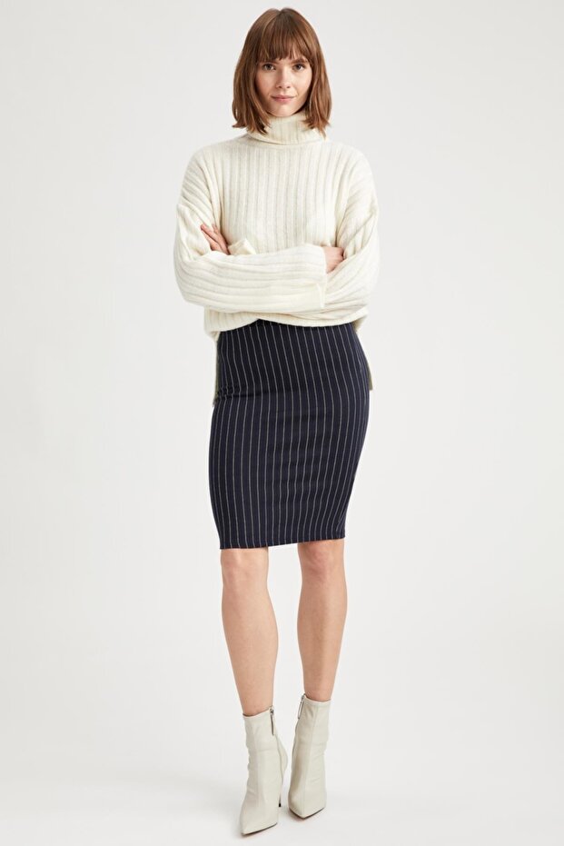 Regular Fit Çizgili Normal Bel Mini Etek - 4