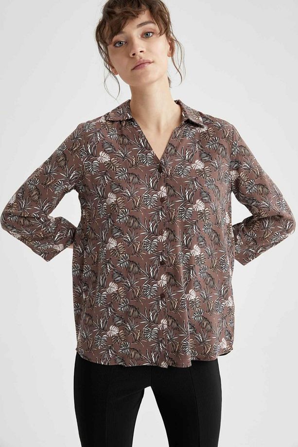 Regular Fit Tropik Desenli Viskon Gömlek - 1