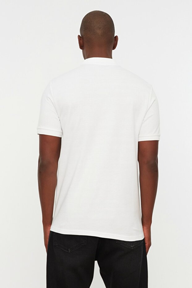 Beyaz Slim/Dar Kesim Yakası Çizgili Basic %100 Pamuk Polo Yaka T-shirt TMNSS20PO0009 - 5
