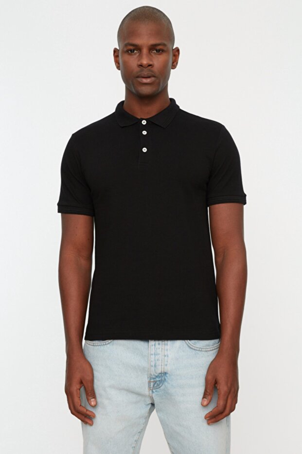 Siyah Slim/Dar Kesim Polo Yaka Kısa Kollu %100 Pamuk Polo Yaka T-shirt TMNSS20PO0009 - 8