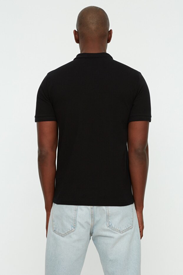Siyah Slim/Dar Kesim Polo Yaka Kısa Kollu %100 Pamuk Polo Yaka T-shirt TMNSS20PO0009 - 4