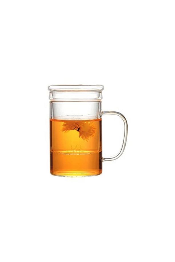 Linanware Cam Kapaklı Demleme Süzgeçli Isıya Dayanıklı Borosilikat Camdan Kupa Bardak 350 ml - 1
