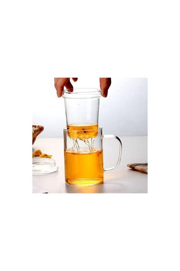 Linanware Cam Kapaklı Demleme Süzgeçli Isıya Dayanıklı Borosilikat Camdan Kupa Bardak 350 ml - 2
