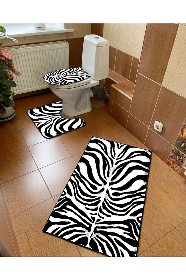 Zebra 3'lü Set Banyo Paspası, Klozet Takımı Kaymaz Taban Dijital Baskı 60x100 - 50x60 - 1