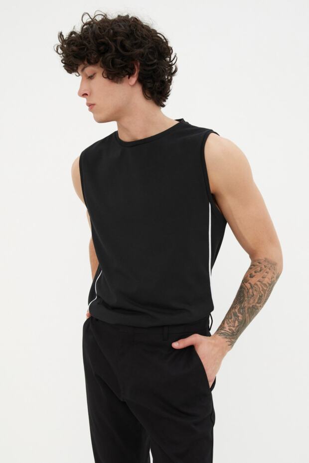 Siyah Regular/Normal Kesim Biyeli %100 Pamuklu Kolsuz T-Shirt/Atlet TMNSS21AL0140 - 4