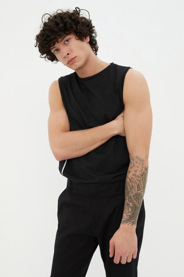 Siyah Regular/Normal Kesim Biyeli %100 Pamuklu Kolsuz T-Shirt/Atlet TMNSS21AL0140 - 2