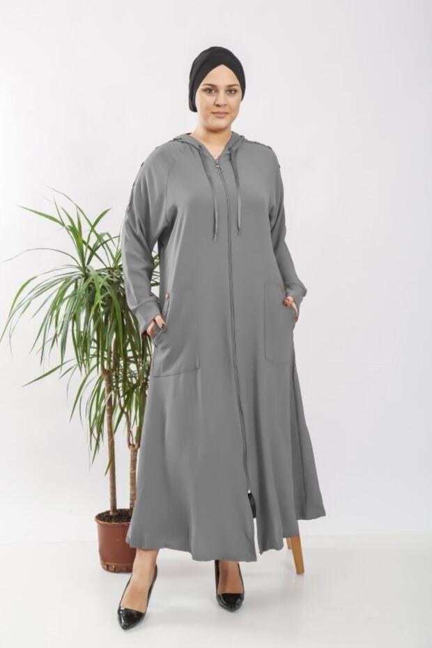 Women's Large Size Button Detailed Hooded Ayrobin Sports Ferace - Gray