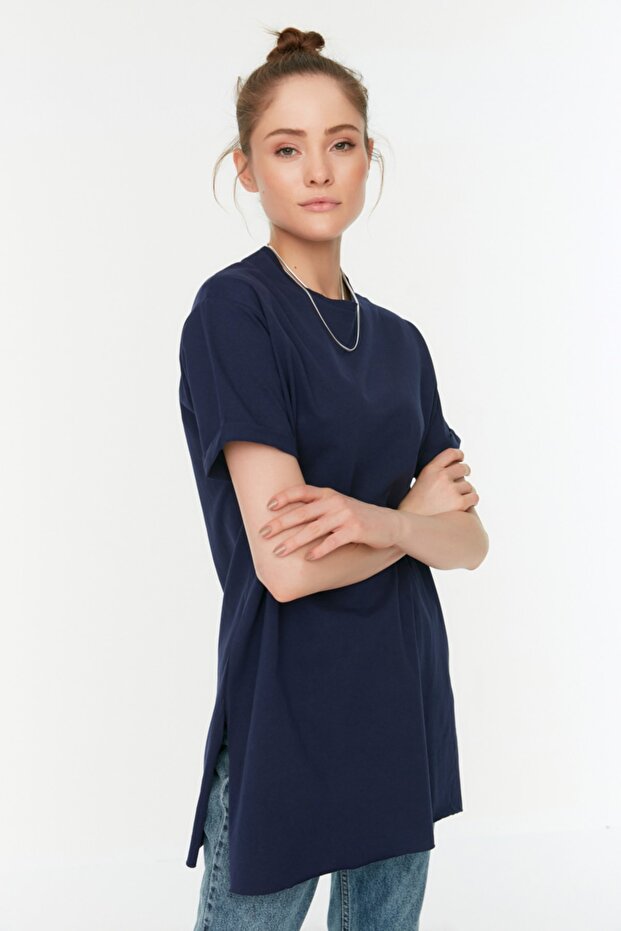 Lacivert-Beyaz 2'li Paket Yırtmaç Detaylı Bisiklet Yaka Basic Örme T-Shirt TCTSS21UK0009 - 5