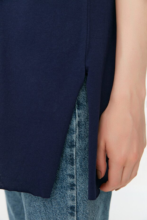Lacivert-Beyaz 2'li Paket Yırtmaç Detaylı Bisiklet Yaka Basic Örme T-Shirt TCTSS21UK0009 - 6