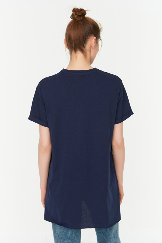 Lacivert-Beyaz 2'li Paket Yırtmaç Detaylı Bisiklet Yaka Basic Örme T-Shirt TCTSS21UK0009 - 9
