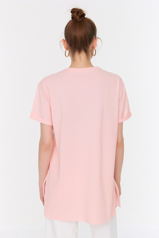 Gri-Pembe 2'li Paket Yırtmaç Detaylı Bisiklet Yaka Kısa Kollu Basic Örme İçlik T-Shirt TCTSS21UK0009 - 7