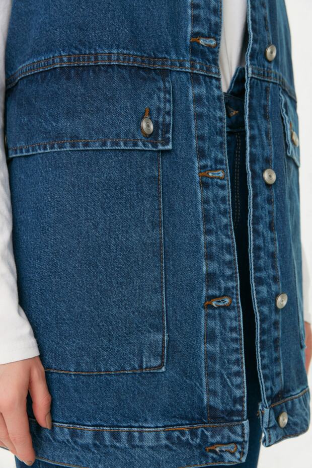 Koyu Mavi Gömlek Yaka Cep Detaylı %100 Pamuk Denim Yelek Ceket TCTAW22CK0006 - 8
