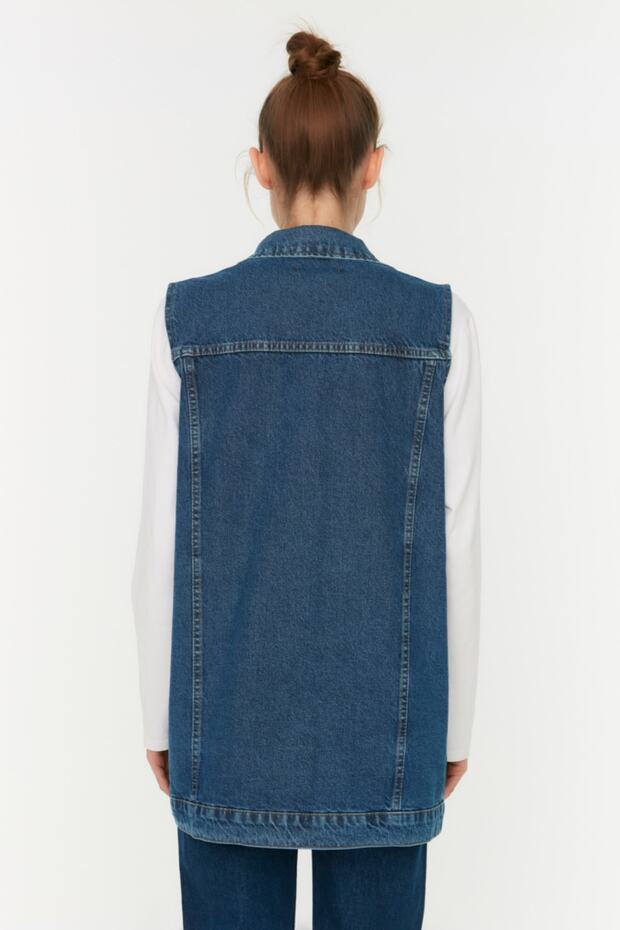 Koyu Mavi Gömlek Yaka Cep Detaylı %100 Pamuk Denim Yelek Ceket TCTAW22CK0006 - 9