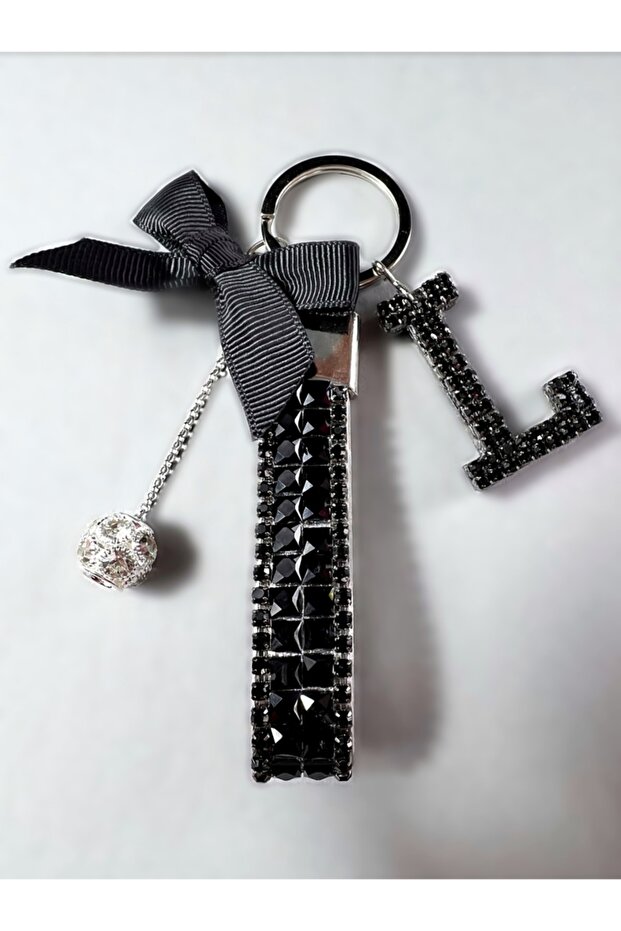 Black Baguette Black Meter Light Keychain Black L Letter Silver Tiny Ball Black Ribbon